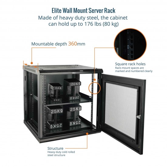 Elite 12U 450mm Depth Wall-Mount Cabinet, Mesh Door Flat Pack