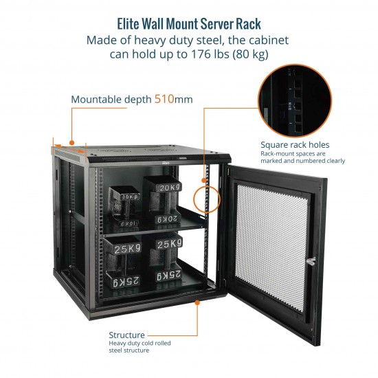 Elite 12U 600mm Depth Wall-Mount Cabinet, Mesh Door Flat Pack