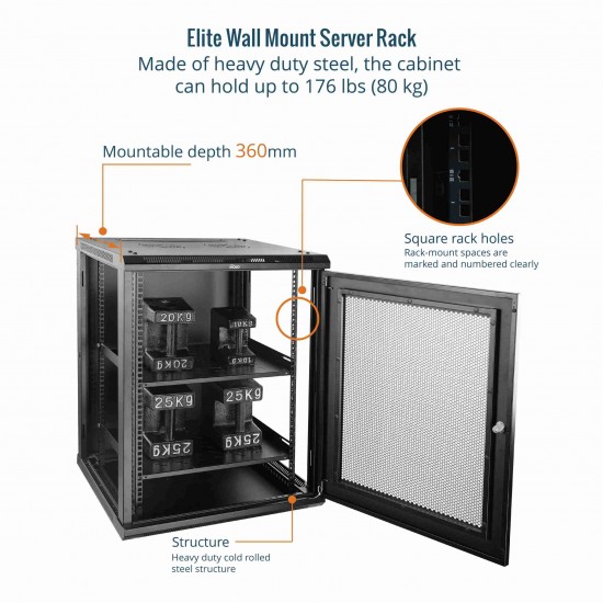 Elite 15U 450mm Depth Wall-Mount Cabinet, Mesh Door Flat Pack