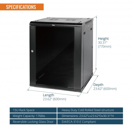 Elite 15U 600mm Depth Wall-Mount Cabinet, Glass Door Flat Pack