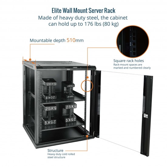 Elite 15U 600mm Depth Wall-Mount Cabinet, Glass Door Flat Pack