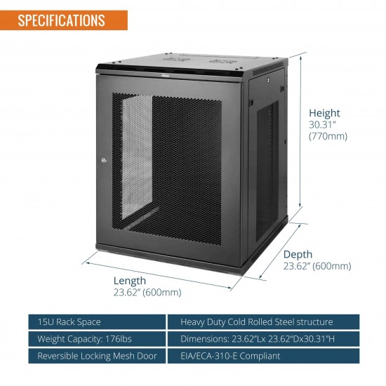 Tecmojo Elite 15U 600mm Depth Wall-Mount Cabinet, Mesh Door Flat Pack