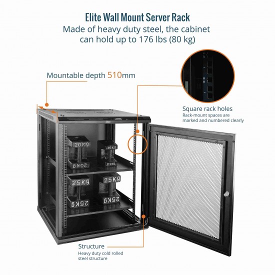 Elite 15U 600mm Depth Wall-Mount Cabinet, Mesh Door Flat Pack