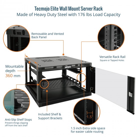 Tecmojo Elite 6U 17.72" Depth Wall-Mount Cabinet, Glass Door Flat Pack