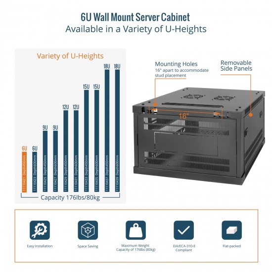 Tecmojo Elite 6U 17.72" Depth Wall-Mount Cabinet, Glass Door Flat Pack