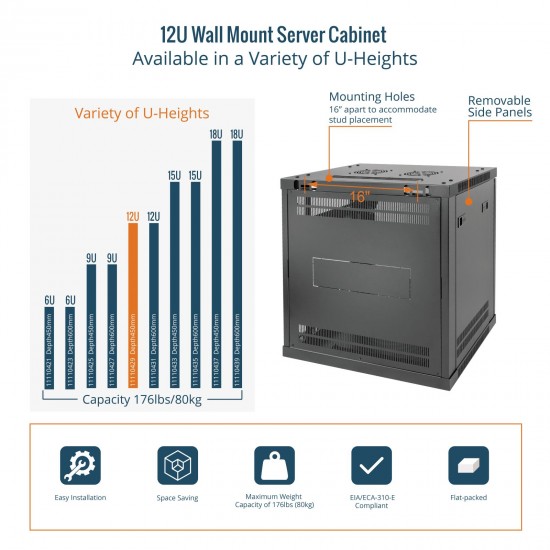 Tecmojo Elite 12U 17.72'' Depth Wall Mount Cabinet, Glass Door Flat Pack