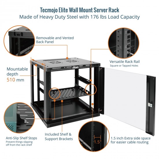 Tecmojo Elite 12U 23.62'' Depth  Wall-Mount Cabinet, Glass Door Flat Pack