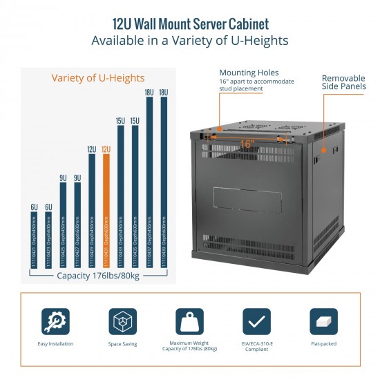 Tecmojo Elite 12U 23.62'' Depth  Wall-Mount Cabinet, Glass Door Flat Pack