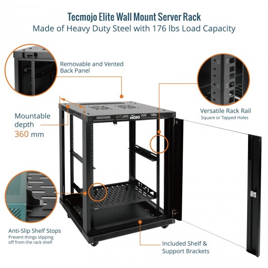 Tecmojo Elite  15U 17.72'' Depth Wall-Mount Cabinet, Glass Door Flat Pack