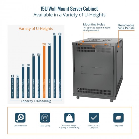 Tecmojo Elite  15U 17.72'' Depth Wall-Mount Cabinet, Glass Door Flat Pack
