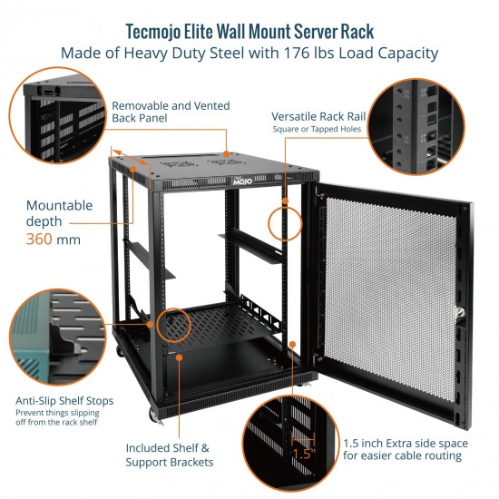 Tecmojo Elite  15U 17.72'' Depth Wall-Mount Cabinet, Mesh Door Flat Pack