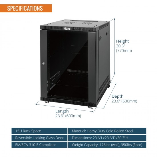 Tecmojo Elite 15U 23.62'' Depth  Wall-Mount Cabinet, Glass Door Flat Pack