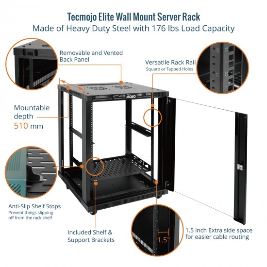 Tecmojo Elite 15U 23.62'' Depth  Wall-Mount Cabinet, Glass Door Flat Pack