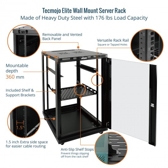 Tecmojo Elite 18U 17.72'' Depth Wall-Mount Cabinet, Glass Door Flat Pack