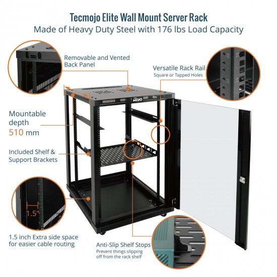 Tecmojo Elite 18U 23.62'' Depth Wall-Mount Cabinet, Glass Door Flat Pack