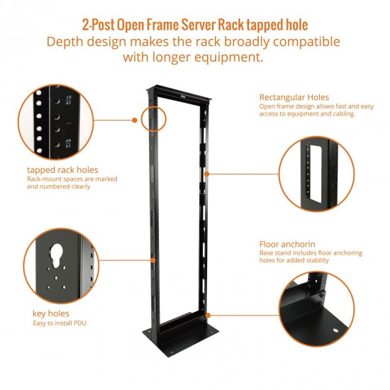 38U 2-Post Open Frame Server Rack tapped hole