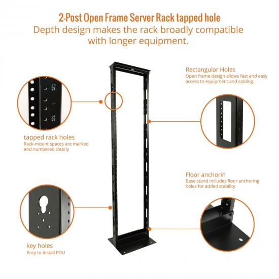45U 2-Post Open Frame Server Rack tapped hole