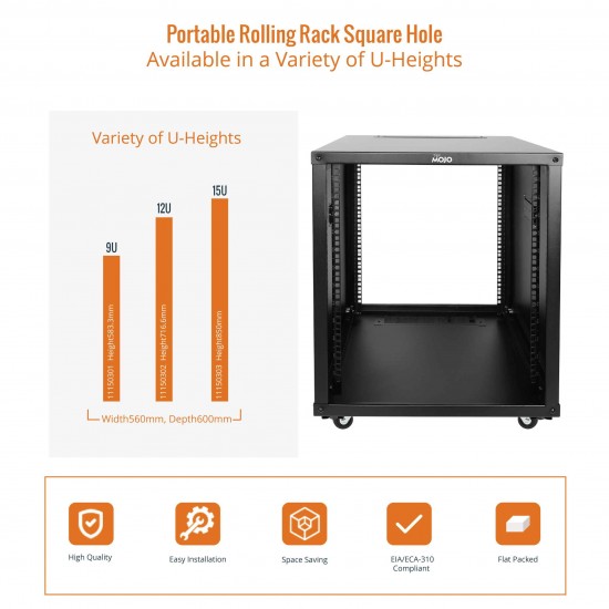 12U Portable Rolling Rack square hole