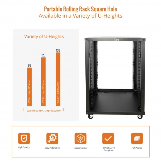 15U Portable Rolling Rack square hole