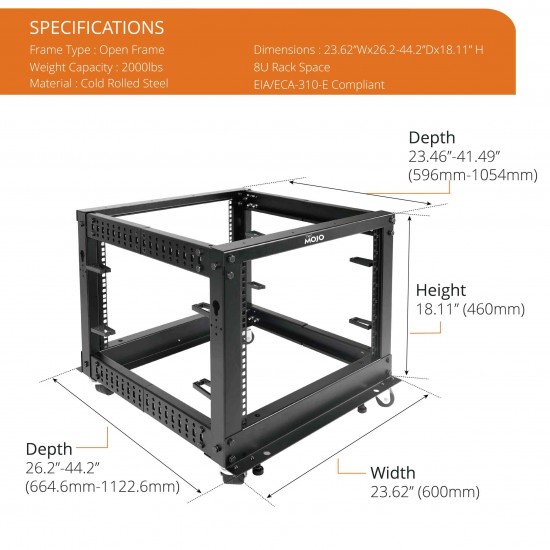  8U Open Frame Rack - 4 Post Adjustable Depth 22-40" Mobile type