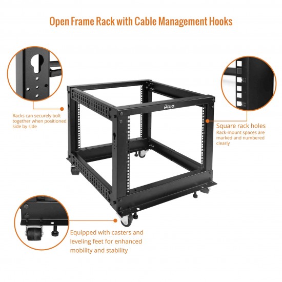  8U Open Frame Rack - 4 Post Adjustable Depth 22-40" Mobile type