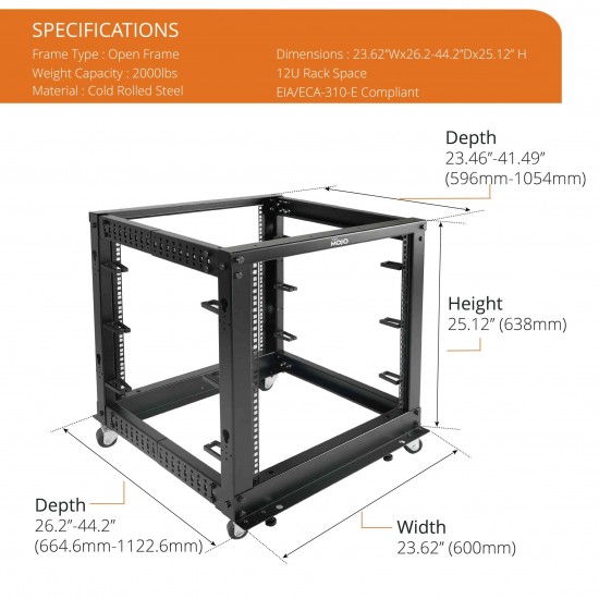 Tecmojo  12U Open Frame Rack - 4 Post Adjustable Depth 22-40" Mobile type