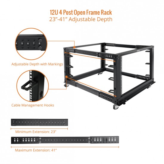 Tecmojo  12U Open Frame Rack - 4 Post Adjustable Depth 22-40" Mobile type