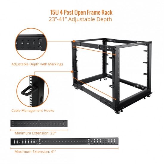 15U Open Frame Rack - 4 Post Adjustable Depth 22-40" Mobile type