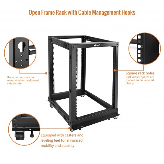 15U Open Frame Rack - 4 Post Adjustable Depth 22-40" Mobile type