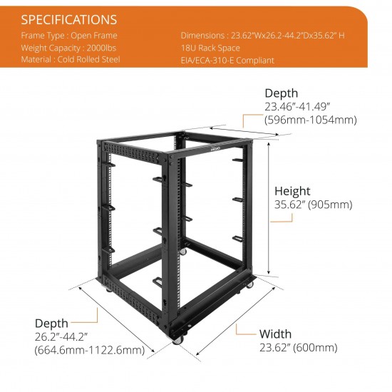 Tecmojo 18U Open Frame Rack - 4 Post Adjustable Depth 22-40" Mobile type