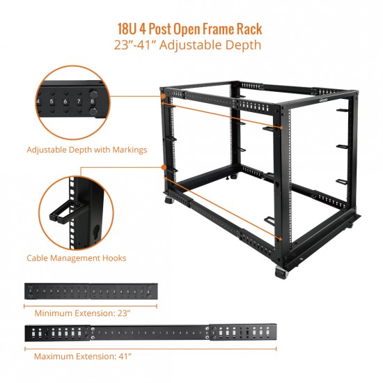 18U Open Frame Rack - 4 Post Adjustable Depth 22-40" Mobile type