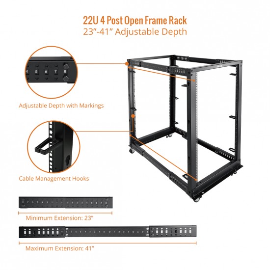  22U Open Frame Rack - 4 Post Adjustable Depth 22-40" Mobile type