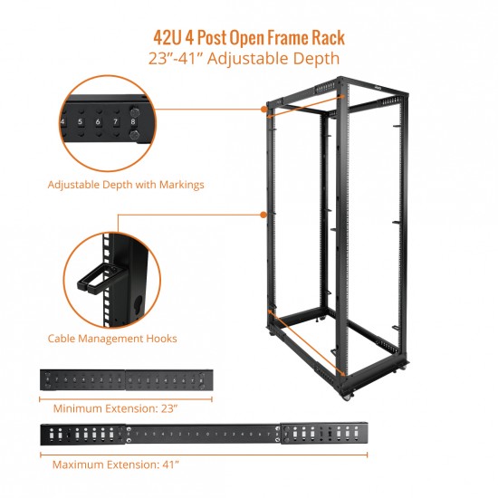 42U Open Frame Rack - 4 Post Adjustable Depth 22-40" Mobile type