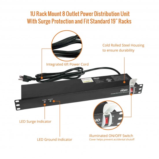 1U Rack Mount 8 Outlet Power Distribution Unit With Surge Protection