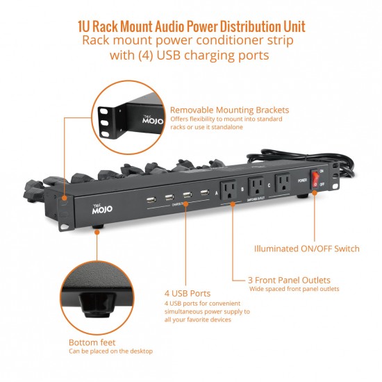 Tecmojo 1U Rack Mount 19 Outlet Audio Power Distribution Unit