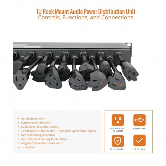 Tecmojo 1U Rack Mount 19 Outlet Audio Power Distribution Unit