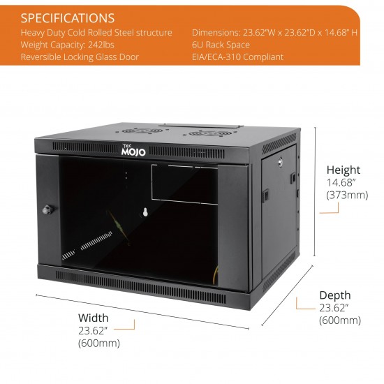 6U 600mm  Depth Professional  Wall-Mount Cabinet, Glass Door  Fully Welded