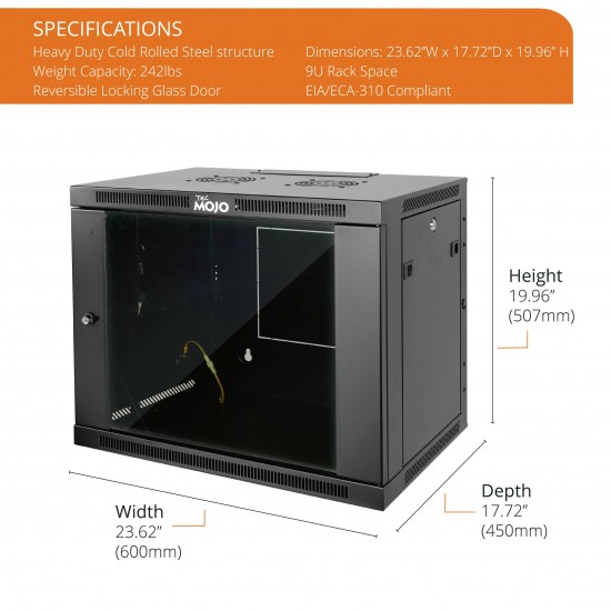 Tecmojo 9U 17.7" Depth Professional Wall Mount Cabinet for 19" Equipment, Glass Door