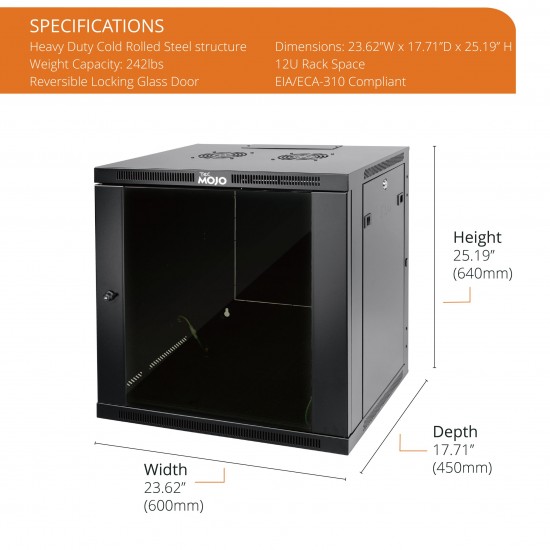 12U 450mm  Depth Professional  Wall-Mount Cabinet, Glass Door  Fully Welded