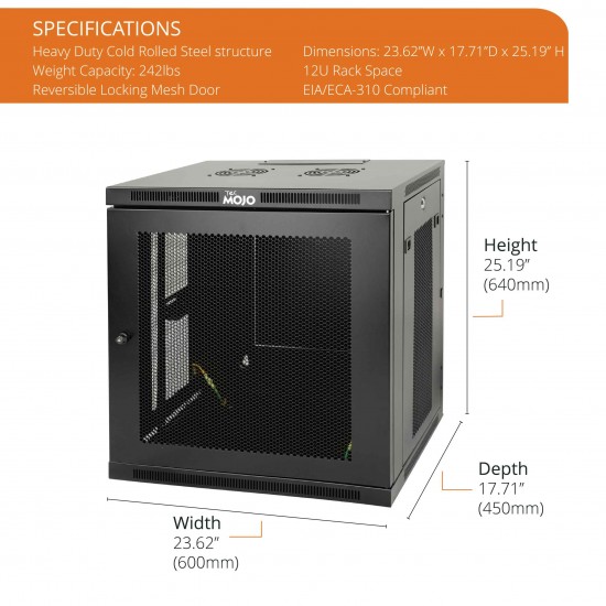 Tecmojo 12U 17.7" Depth Professional Wall Mount Cabinet for 19" Equipment, Mesh Door