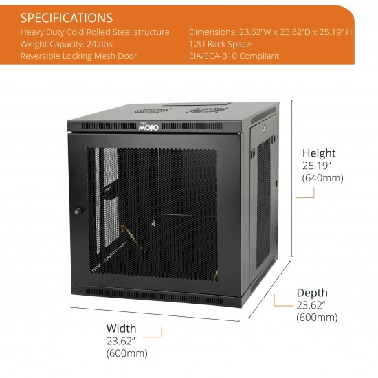 Tecmojo 12U 23.6" Depth Professional Wall Mount Cabinet for 19" Equipment, Mesh Door