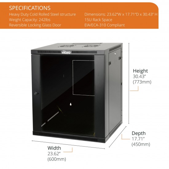 Tecmojo 15U 17.7" Depth Professional Wall Mount Cabinet for 19" Equipment, Glass Door