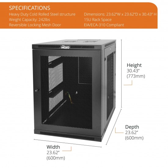 Tecmojo 15U 23.6" Depth Professional Wall Mount Cabinet for 19" Equipment, Mesh Door