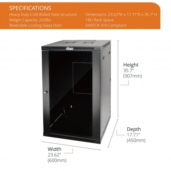 Tecmojo 18U 17.7" Depth Professional Wall Mount Cabinet for 19" Equipment, Glass Door