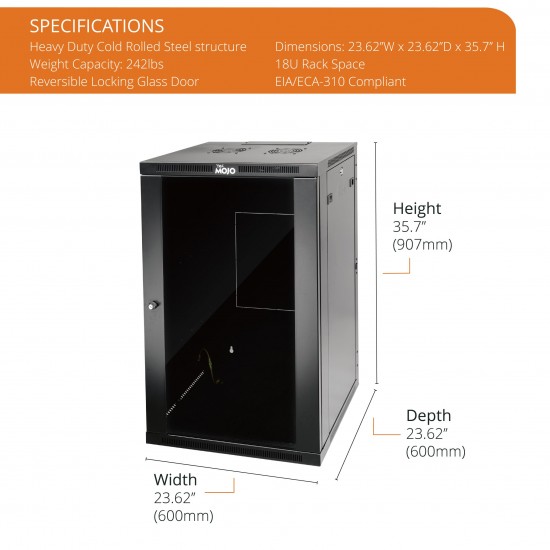 Tecmojo 18U 23.6" Depth Professional Wall Mount Cabinet for 19" Equipment, Glass Door