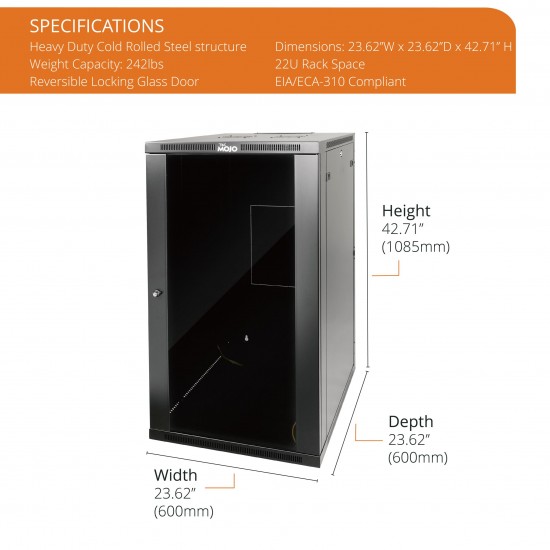 22U 600mm  Depth Professional  Wall-Mount Cabinet, Glass Door  Fully Welded