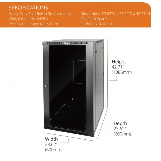 Tecmojo 22U 23.6" Depth Professional Wall Mount Cabinet for 19" Equipment, Glass Door