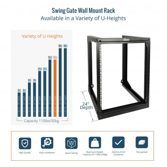 15U 24'' Depth Wall Rack-Swing Gate 