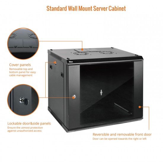 Standard 9U 450mm Depth Wall-mount Cabinet Glass Door Black Flat Pack