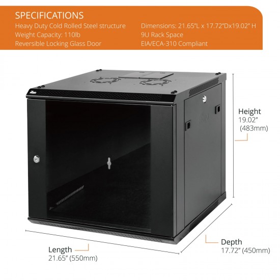 Standard 9U 450mm Depth Wall-mount Cabinet Glass Door Black Flat Pack